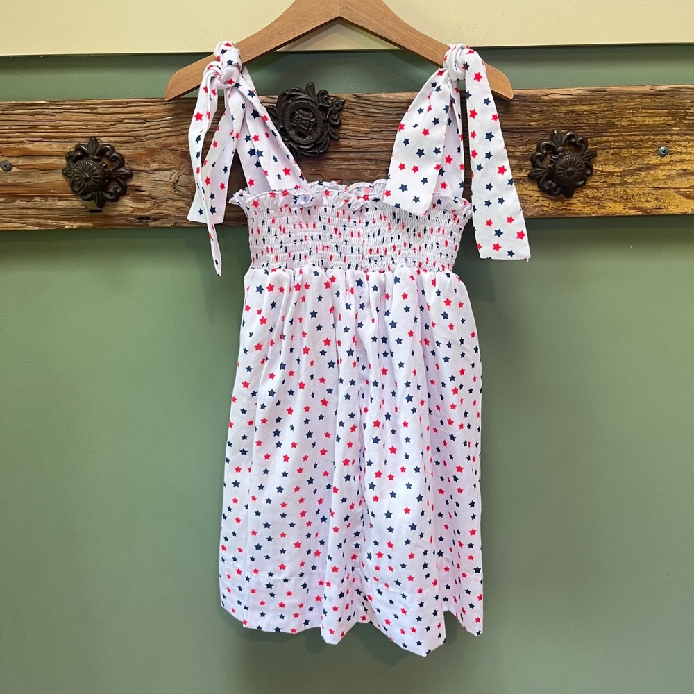 Cecil and Lou Kids White Red Blue Star Smocked Tie Shoulder Dress Size  5